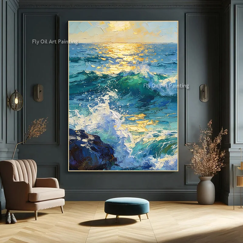 Large Modern Blue White Ocean Wave View Oil Painting On Canvas Popular Handmade Seascape Sunset Wall Art Decor For Living Room