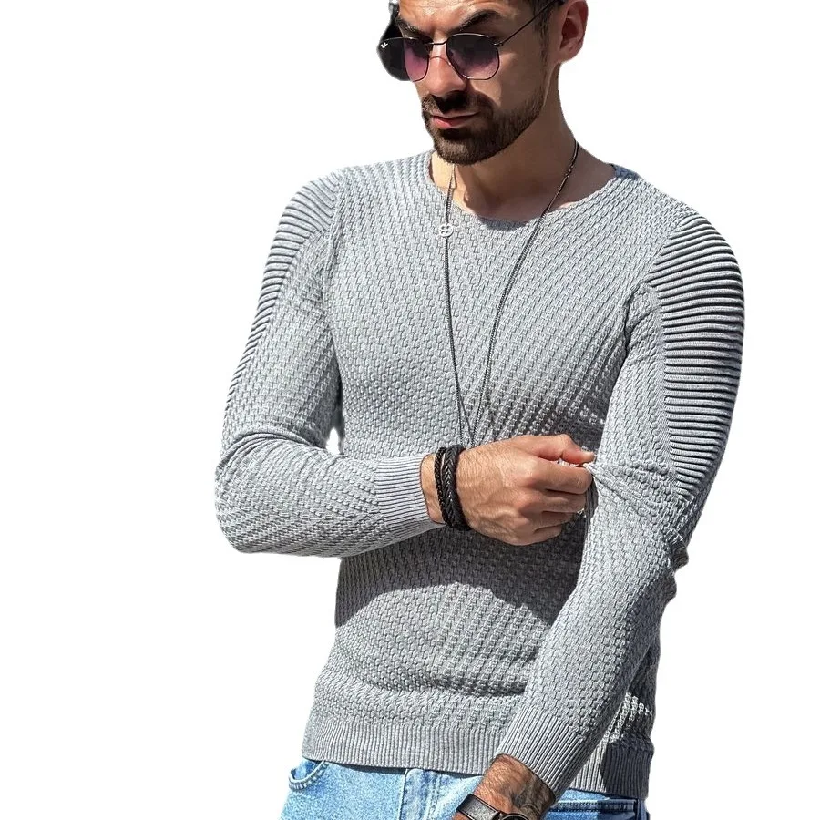 Amazon Cross border Supply 2024 European and American Autumn/Winter Slim Fit Long sleeved Round Neck Pullover Knitted Shirt for