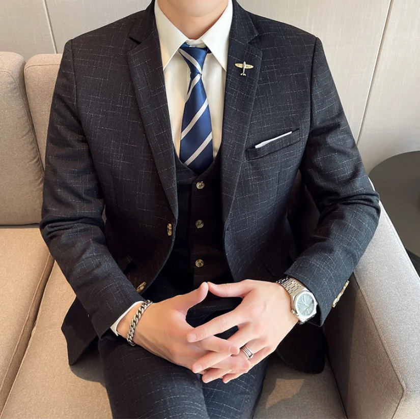 طقم بدلة راقية، طقم مكون من ثلاث قطع للرجال، بدلة رسمية احترافية للأعمال، أفضل رجل، العريس، فستان زفاف