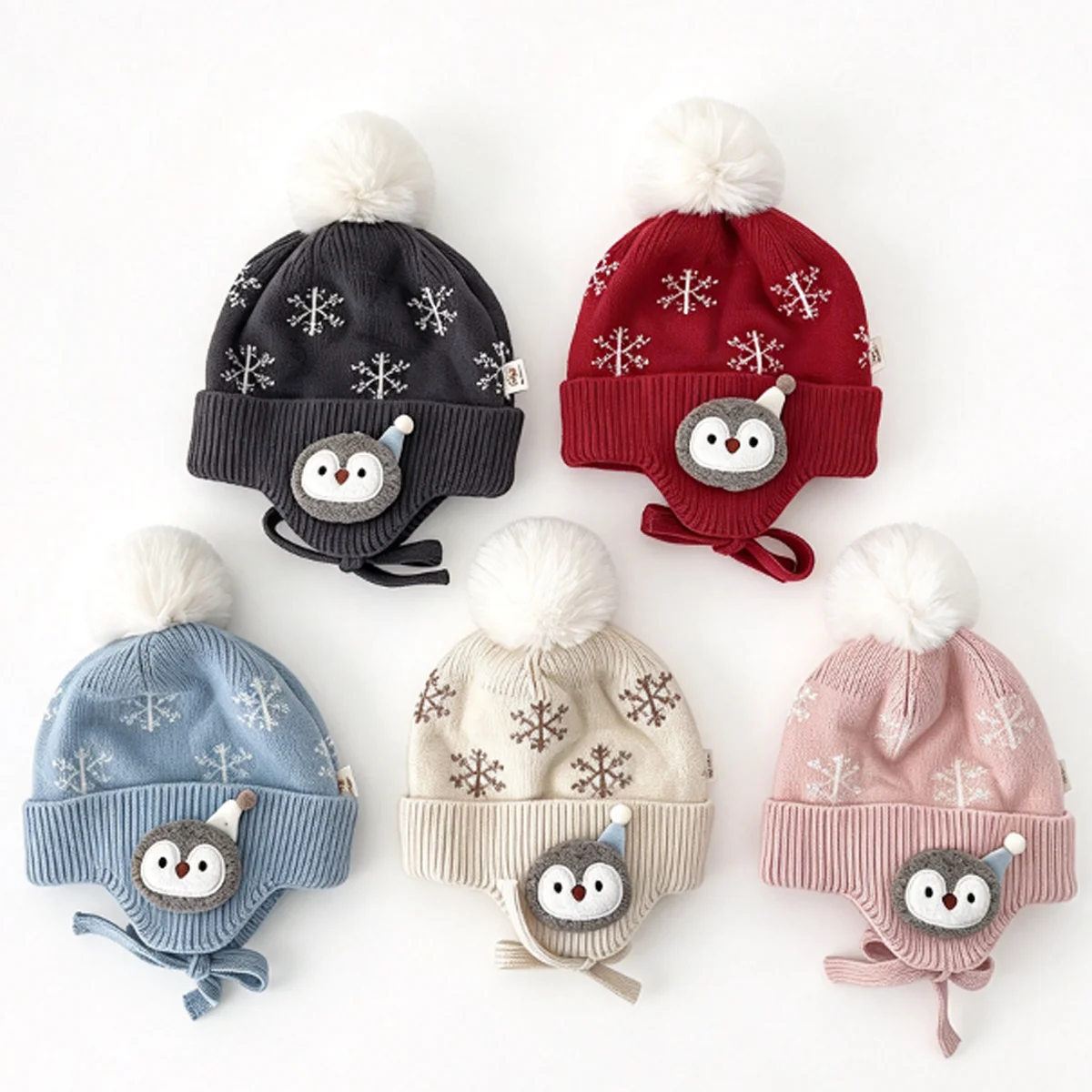 1PC Kids Winter Knitted Earflap Hat Snowflake Pattern Penguin Decor Thick Warm Pom Pom Beanie for Boys Girls Toddler XYXH003