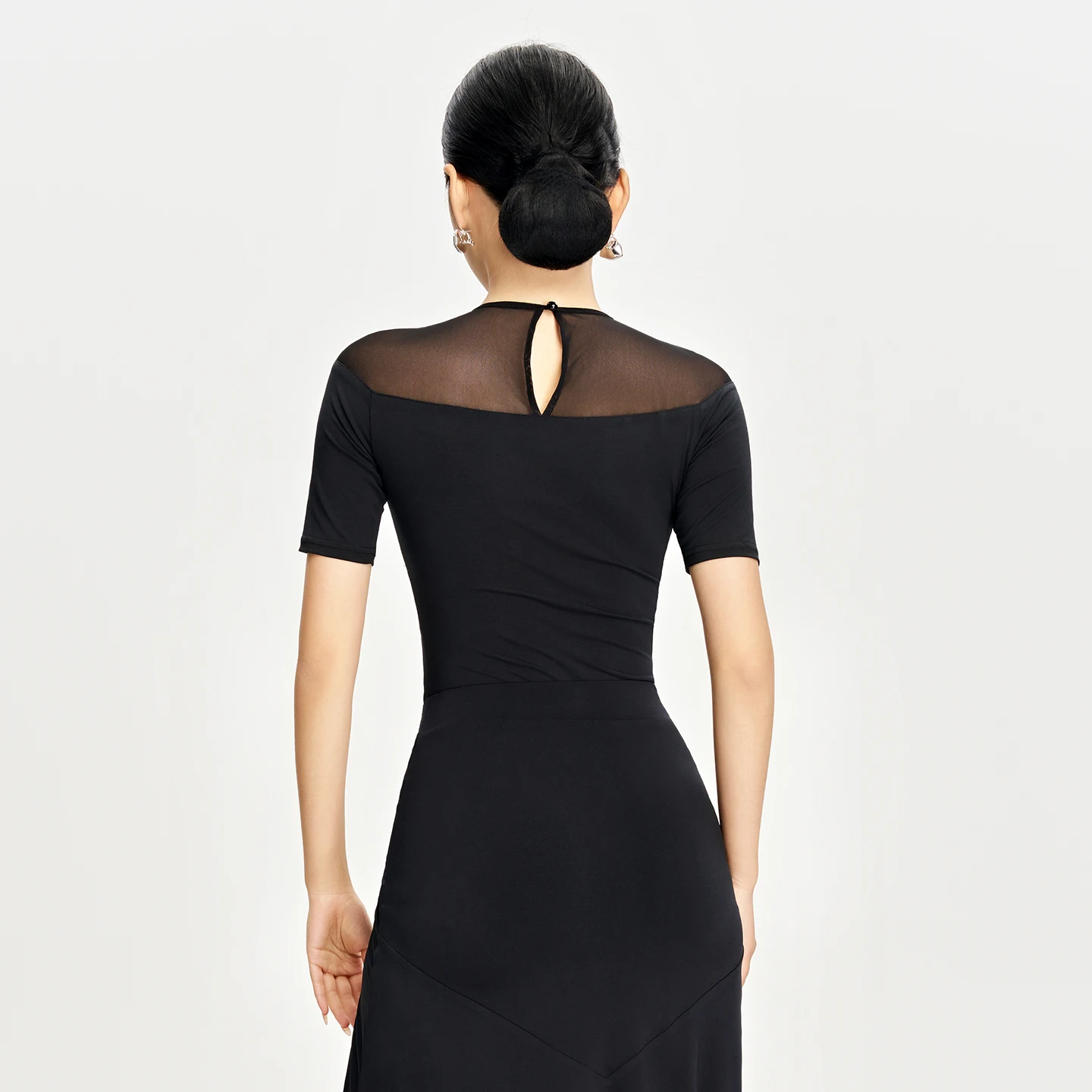 Topy do tańca latynoamerykańskiego dla kobiet z siateczki z krótkim rękawem i nadrukiem, body do ćwiczeń tańca latynoamerykańskiego, stroje do tańca towarzyskiego DN22371