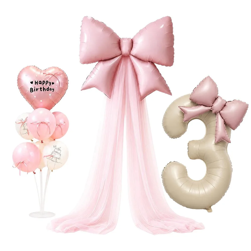 Set de Globos con Diseño de Lazo DIY, Tamaño de 32 Pulgadas, Set de Globos Grandes de 40 Pulgadas, Globo de Número de Papel Metalizado, Malla Rosa Incluida