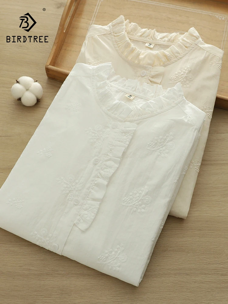 

Новинка 2025, осенняя хлопковая рубашка с длинными рукавами, женская рубашка с оборками и вышивкой, универсальная повседневная свободная блузка в стиле ретро Mori Girl T57049CC