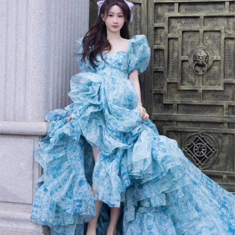 Blue and White Porcelain Floral Print Puff Sleeve High Waist Fungus Broken Midi Dress