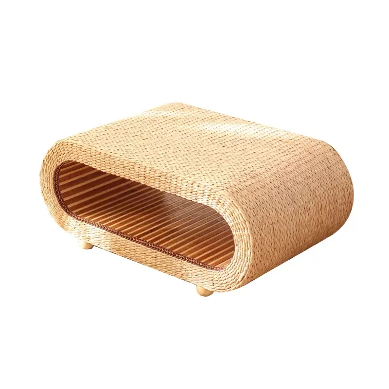 Coffee Table Japanese Style Living Room Handcrafted Tea Table for Sitting on The Floor Accent Furniture Rectangle Rattan Straw