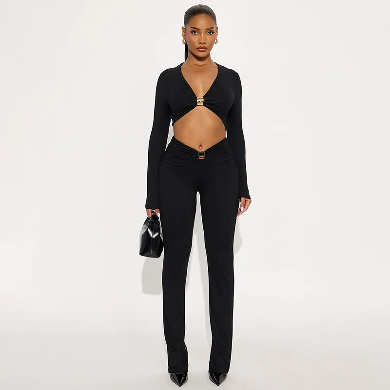 

STYLISH LADY Metal Butterfly Buckles 2 Piece Set Women Long Sleeve Cut Out Crop Top and Ruched Pant Suits 2025 Party Outfits