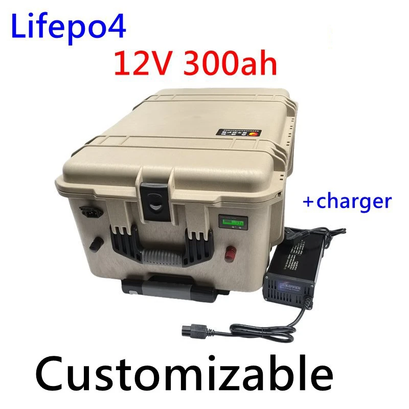 

waterproof 12V 300AH Lifepo4 battery lithium BMS with wheel trolley case for boat Solar System golf cart EV UPS +20A Charge Coup