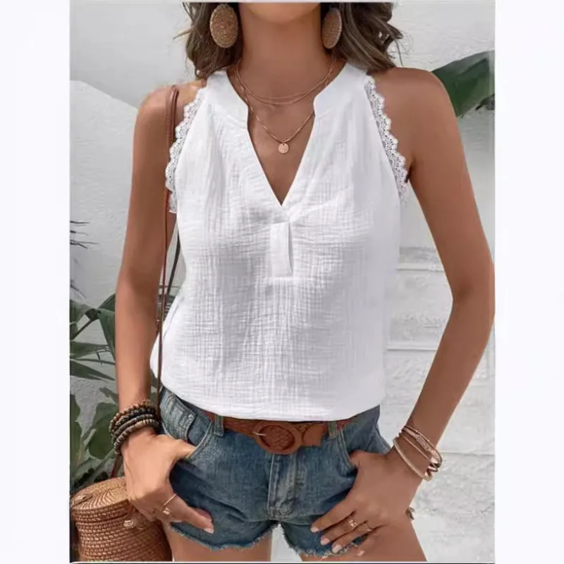 

2025 Summer Solid Lace Patchwork Off Shoulder Casual T Shirt Women V Neck Sleeveless Slim Elegant Street Tees Lady Tank Tops