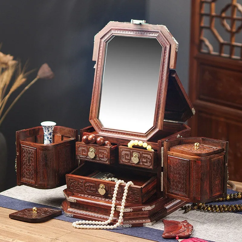 Big red rosewood carving flower jewelry jewelry box, wedding dowry Danfeng Chaoyang gift box