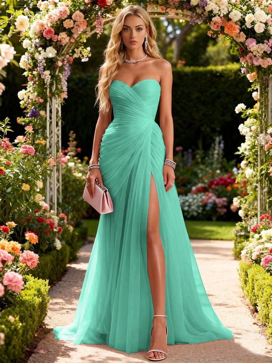Sweetheart Strapless Tulle Bridesmaid Dress Ruched Wrap Side Slit Floor Length Lace Up Formal Wedding Guest EveningProm MaxiGown image 5