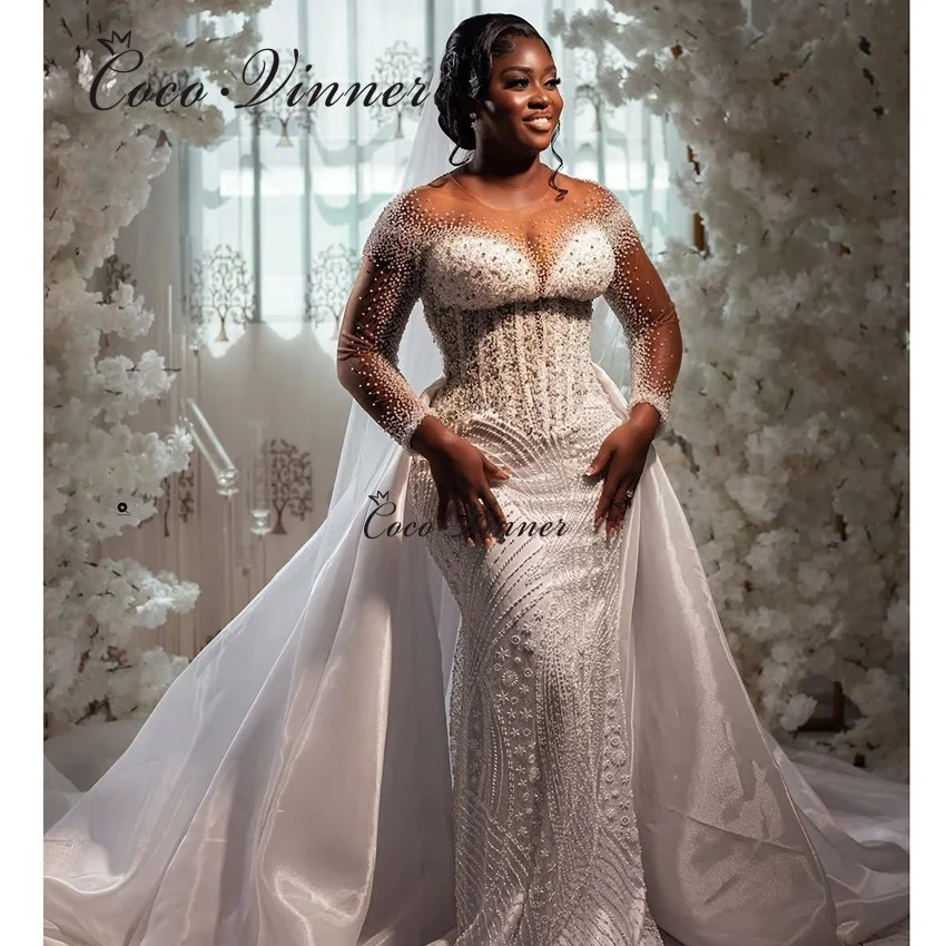 맞춤형 럭셔리 비딩 2 IN 1 웨딩 드레스 여성용 2026 신상 크리스탈 비즈 인어 웨딩 드레스 탈부착 가능한 스커트 W1503