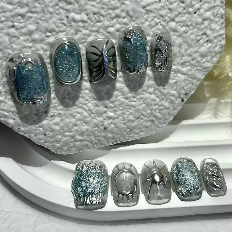 10 Pieces Irregular Metal Shape Handmade Press On Nails Butterfly Short Cat Eye Fake Nails Removable Reusable