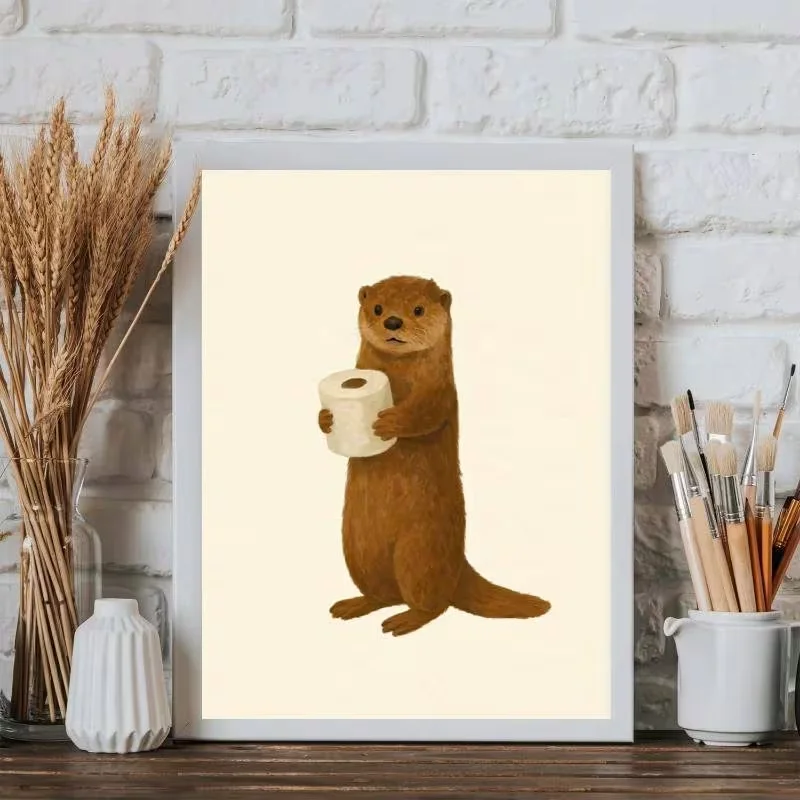 2D Flat, 2D Flat 1pc Unframed Cute Otter Holding Toilet Paper - Modern Minimalist Canvas Wall Art, Poster Print, Artwork Wall Pa