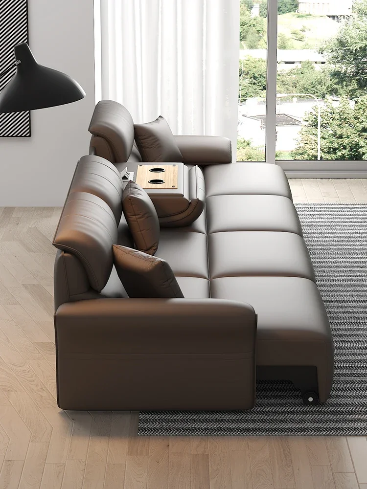 Leather sofa first layer cowhide living room dual-purpose electric retractable zero wall sofa