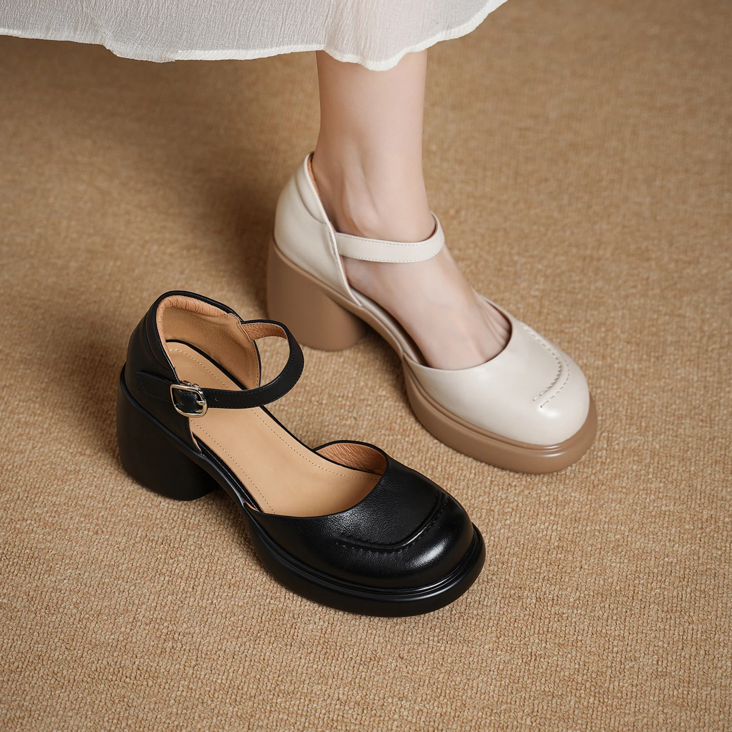 

2026 new summer women sandals natural leather 22-25cm cowhide+pigskin round toe ankle-buckle high heel women shoes fashion