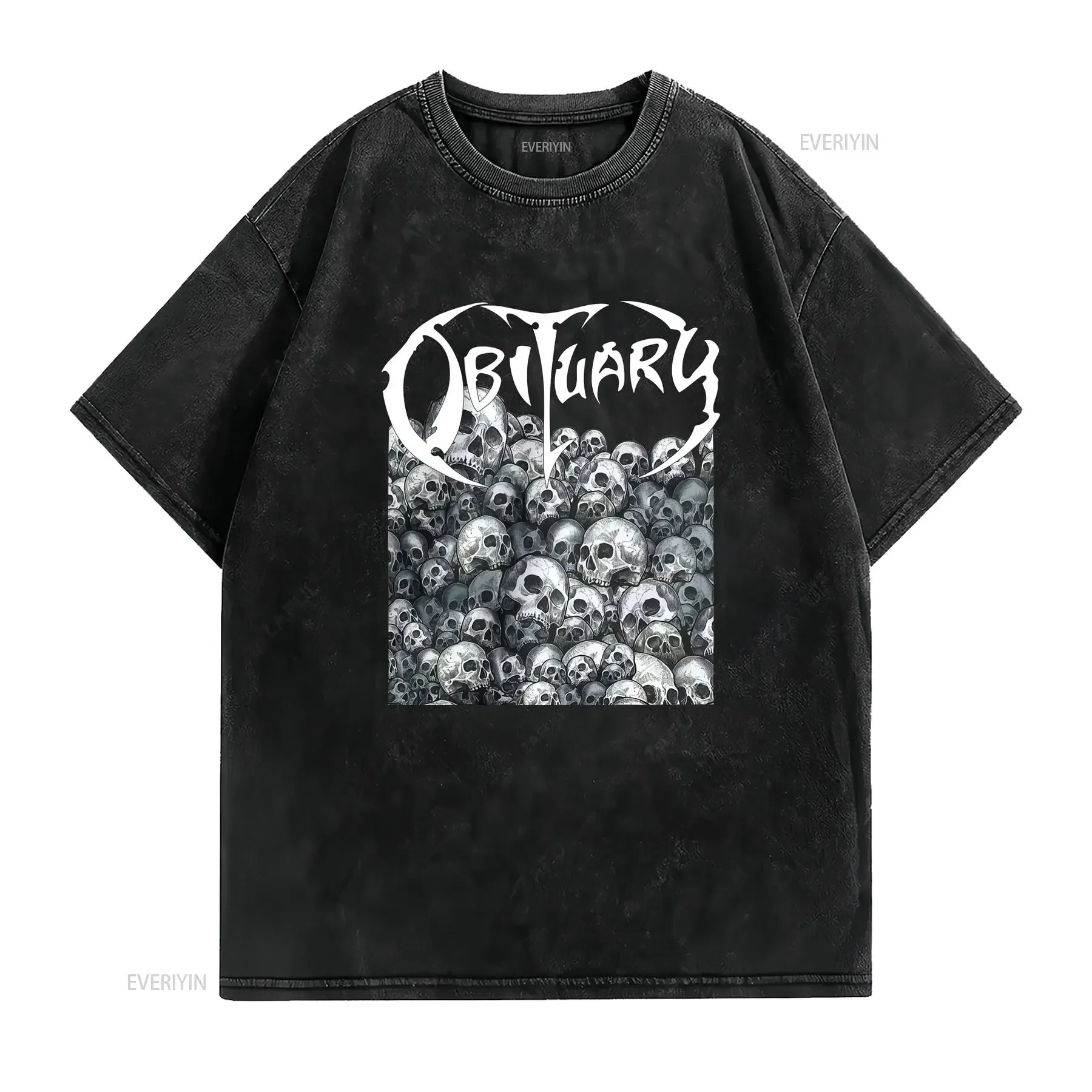 Gothic Death Metal Obituary Band Skull Pile Print Casual Streetwear T Shirt vintage Washed Slightly Versatile graphic Stylish