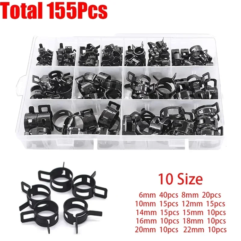 155Pcs Spring Band Hose Clamps Assortment kits Silicone Vacuum Hose Pipe Clamp 6-22mm Low Pressure Air Clip Clamp(Black)