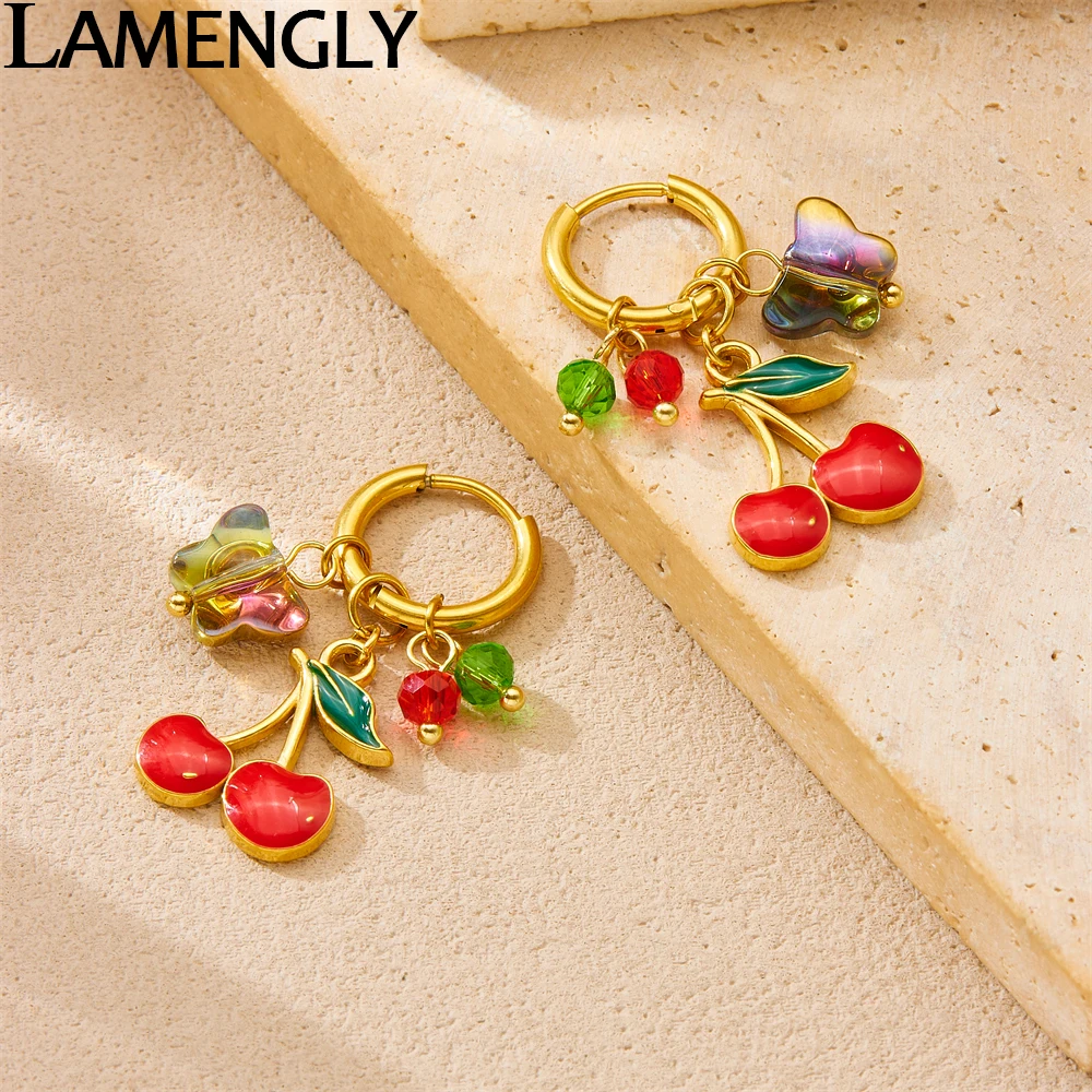 

LAMENGLY 316L Stainless Steel Exquisite Red Enamel Cherry Butterfly Crystal Pendant Earrings For Women Romantic Ardent Eardrop