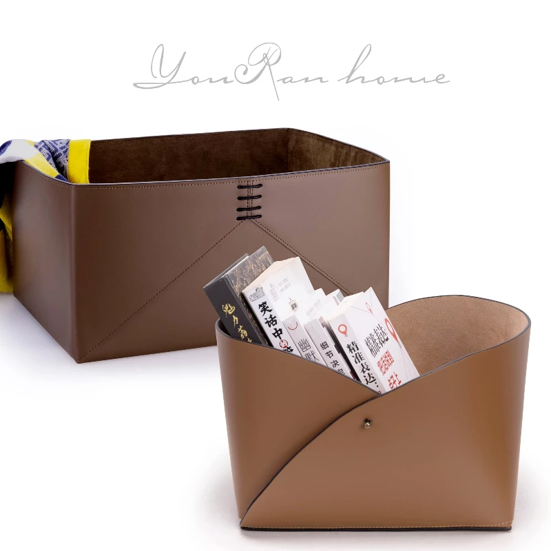 

Luxury Saddle‑Leather Underwear Organizer Box, Minimalist Magazine Holder, Showroom Display Decor, Soft‑Furnishings Basket