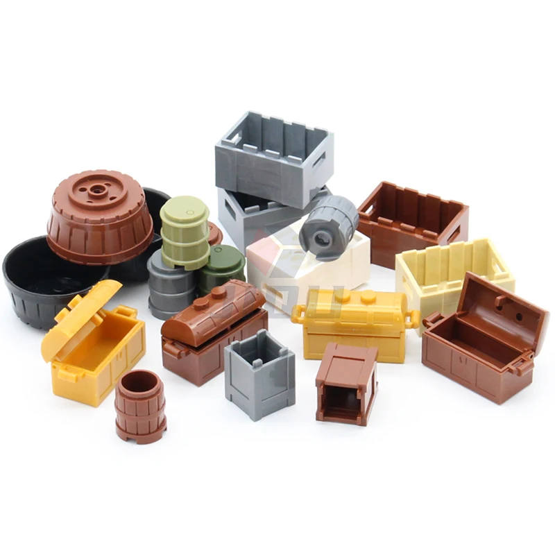 Accessoires de blocs de construction de figurines de ville, caisse alimentaire, baril, coffre de sagesse, jouets en briques MOC, pièces d\'amis,