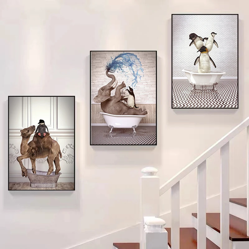 Cartoon Bathtub Animal Elephant Penguin Orangutan Zebra Art Home Wall Modern Design Decor Living Nursery Kids Room Bedroom
