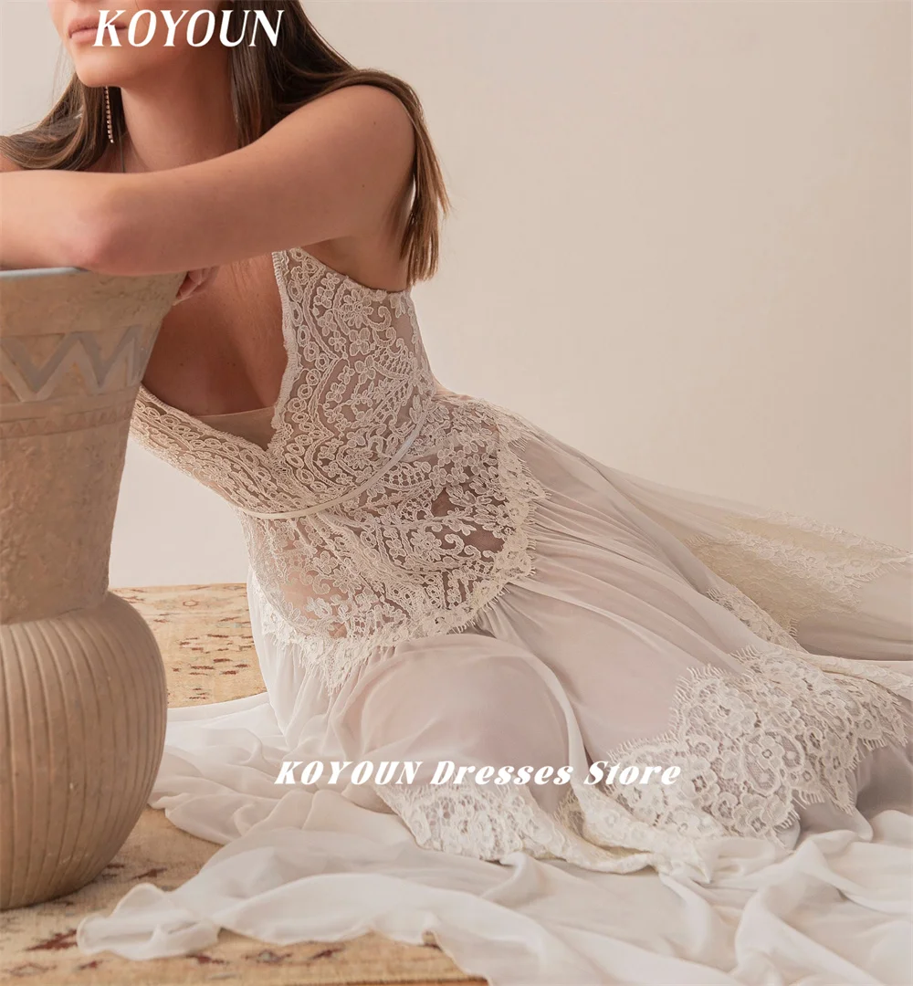 KOYOUN Boho Elegant A-line Illusion Wedding Dress Deep Plunging Neckline Sexy Gelinlik 2024 Lace Open Back Bridal Party Dress