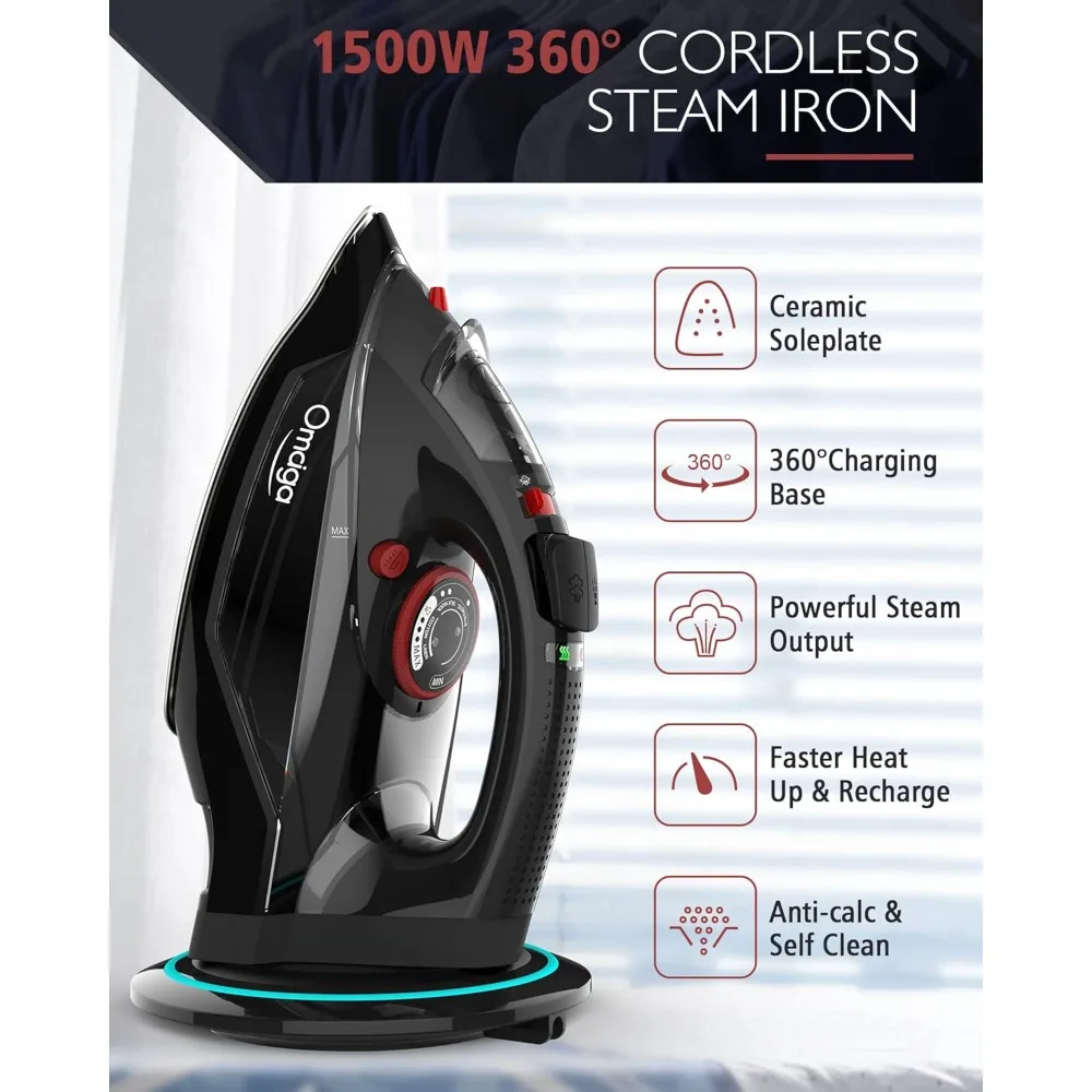 Cordless Iron, 1500W Cordless Iron with Steam - Cordless Iron for Clothes with 11.84oz Water Tank, Anti Drip Iron with Ceramic