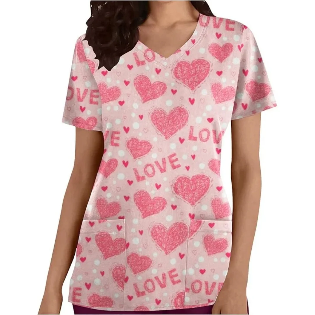 Top Argyle con cuello en V y corazón para mujer, Tops exfoliantes degradados para mujer, uniforme para enfermería, Top informal de manga corta con estampado de cuello en V para enfermera 2026