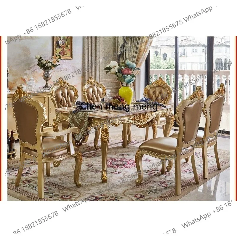 

European dining table and chair combination rectangular marble full solid wood carving flower dining table small household dinin