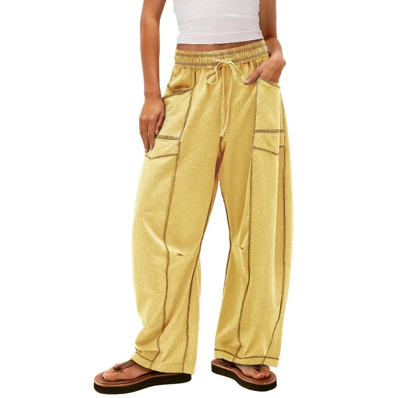 2025 Autumn Winter Fashion Patchwork Loose Casual Pants Women Elastic High Waist Drawstring Pocket Versatile Streetwear Trousers