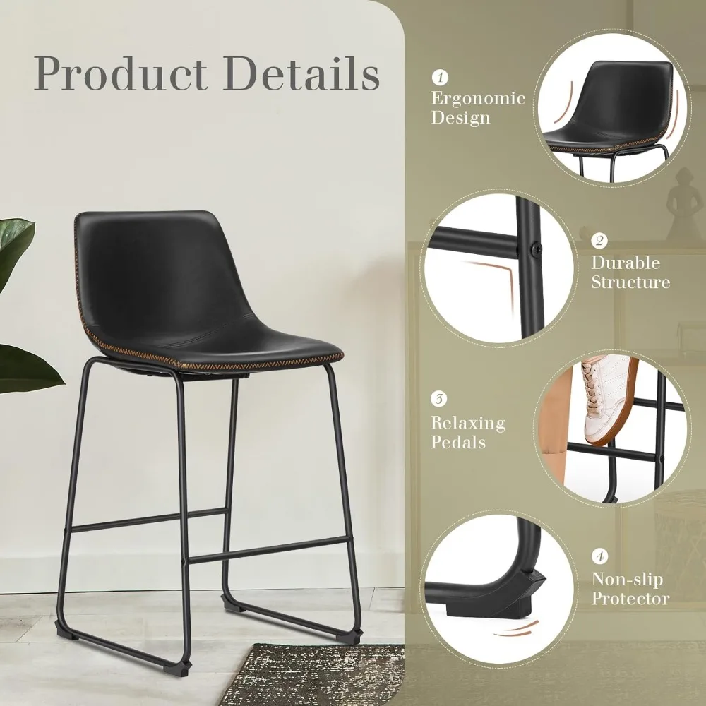 Faux Leather High Barstools, Counter Altura Bar Stools, Costas e Perna de Metal, Conjunto de 4, Moderno, 26 polegadas