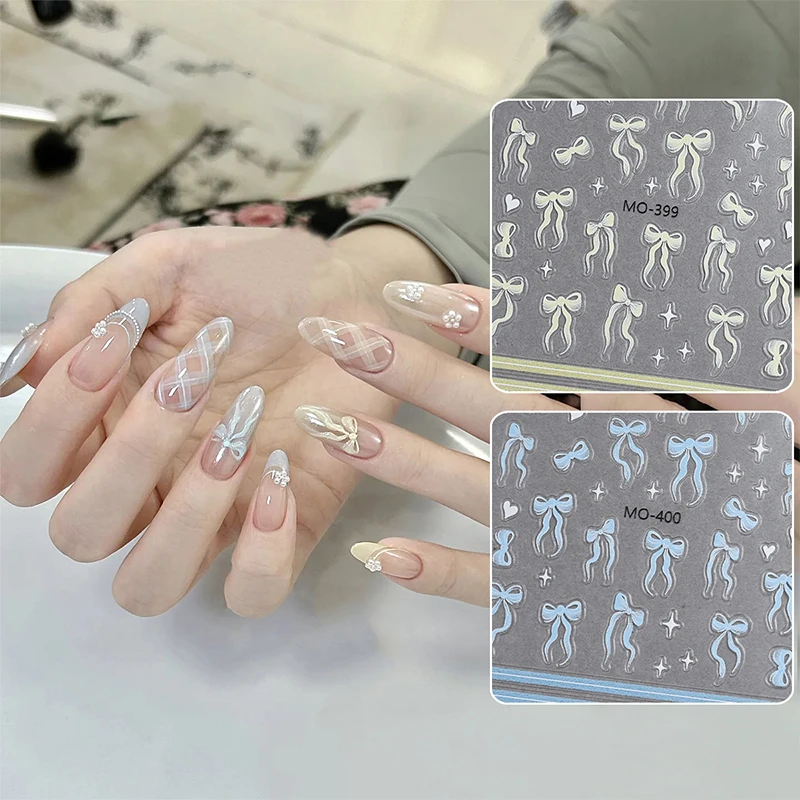 1pc Geel Blauw Strik Nail Art Decals Semi-Transparant Witte Strikjes Zelfklevende Sliders Nagels Stickers Decoraties Voor manicure