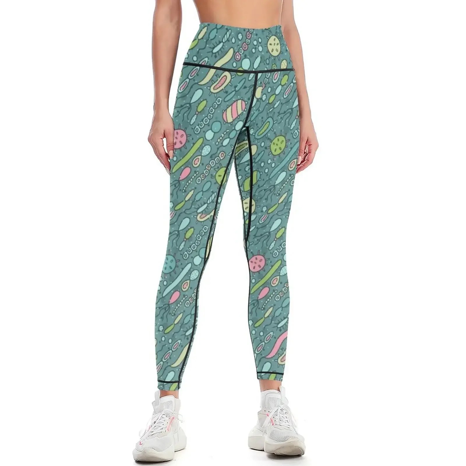 

Microbes pattern. Bacteria design for biology lovers. Virus illustration. Leggings Fitness's gym clothes Womens Leggings