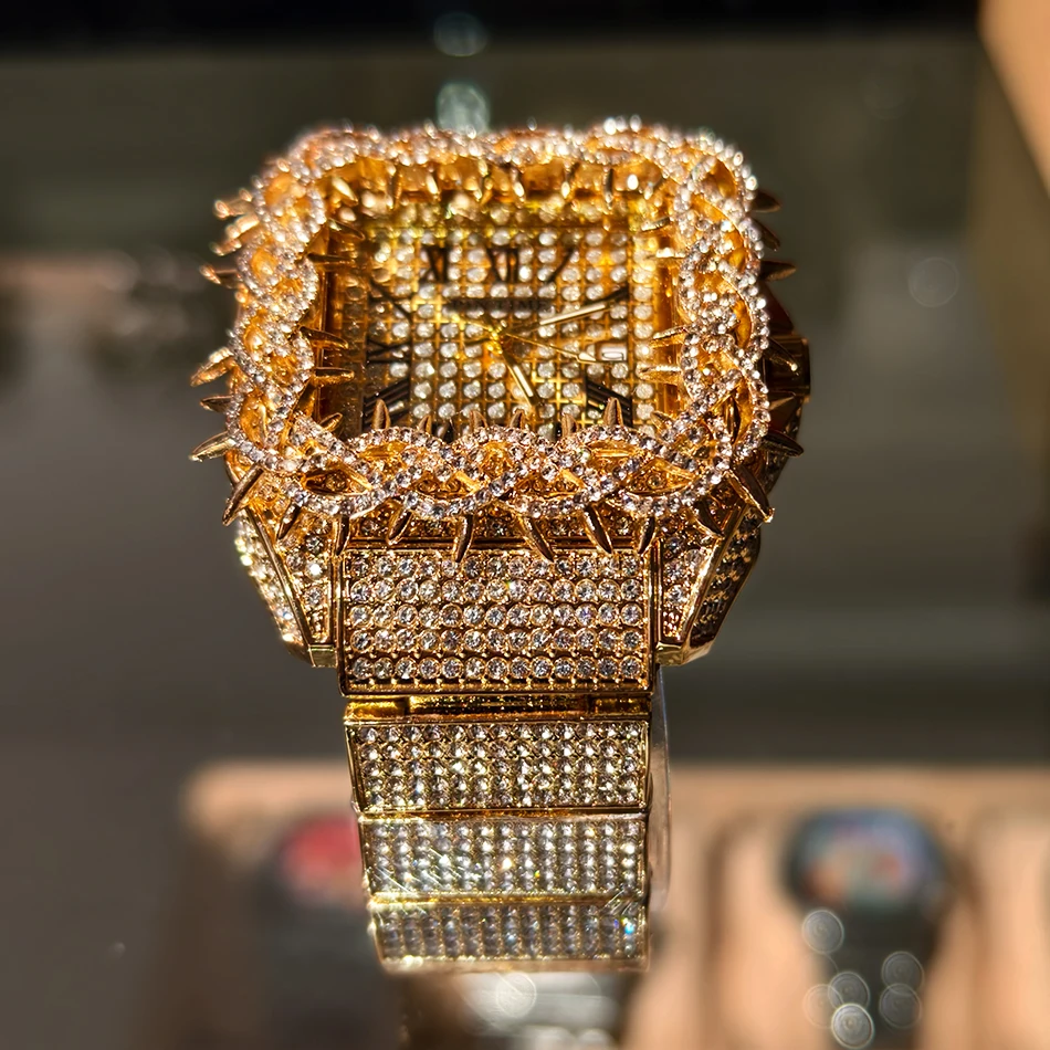 Black Spiked Diamond Quartz Watch Hip Hop Bling Full Crystal Wristwatch Men's Punk Style Daily Wear Jewelry with Gift Box view 6