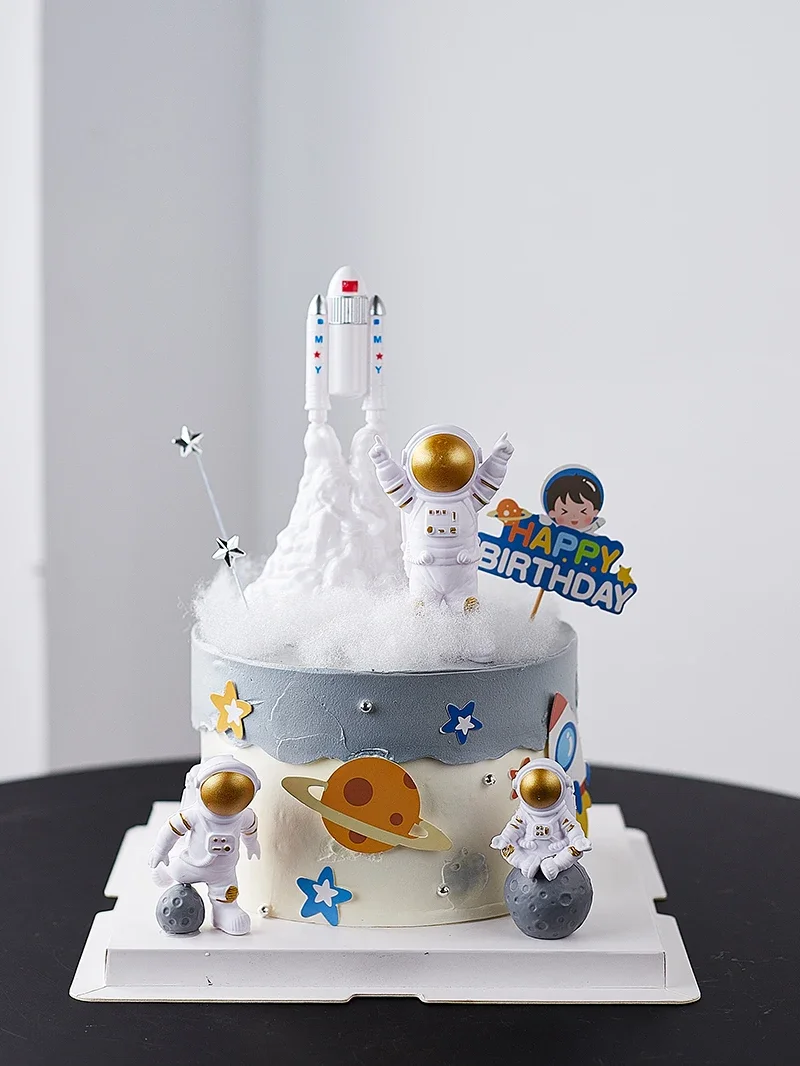 Astronaut Cake Topper Outer Space Birthday Decoration Boy Rocke Astronaut Cake Decoration Planet UFO Kid Party Tools Baby Shower