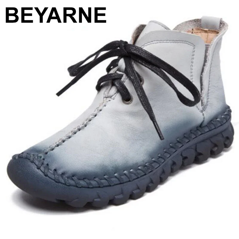 BEYARNE  New women boots Leather Winter Boots Handmade lace-up Woman Shoes Casual Full Genuine Leather Ankle Boots For Women