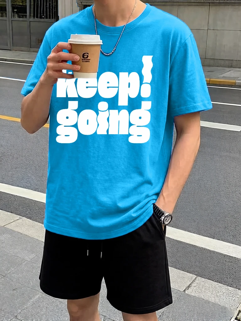 

Keep Going Slogan Design Summer Street Sportswear Men Suit Sport Loose Short Pants Cotton Daily Simple Top Office Casual Clothes