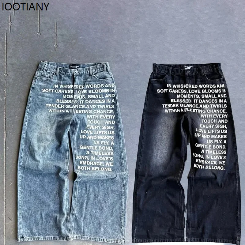 Vintage Letter Printed Women's Men's Jeans Y2k Harajuku Washed Wide Leg Jeans Loose Hip Hop Street Style Casual Mopping Pants