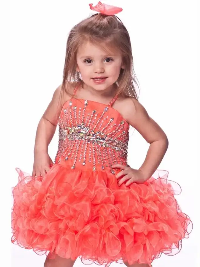 Coral Crystal Pageant Dress for Kids Children Prom Party Short Ruffles Spaghetti Strap Ball Gown Formal Flower Girl Dresses Wear