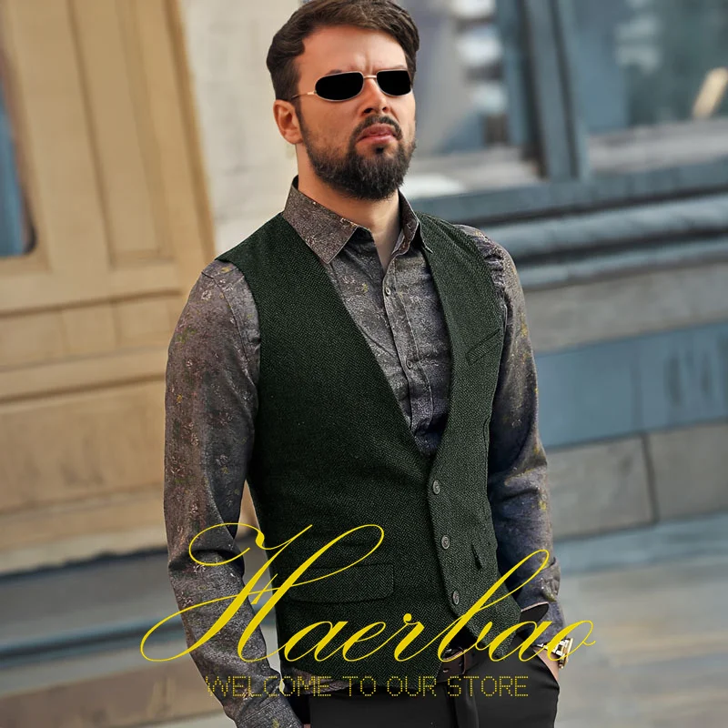 Khaki Men's Vest Suit Trendy Herringbone Sleeveless Jacket Vintage Steampunk Men's Waistcoat chaleco hombre