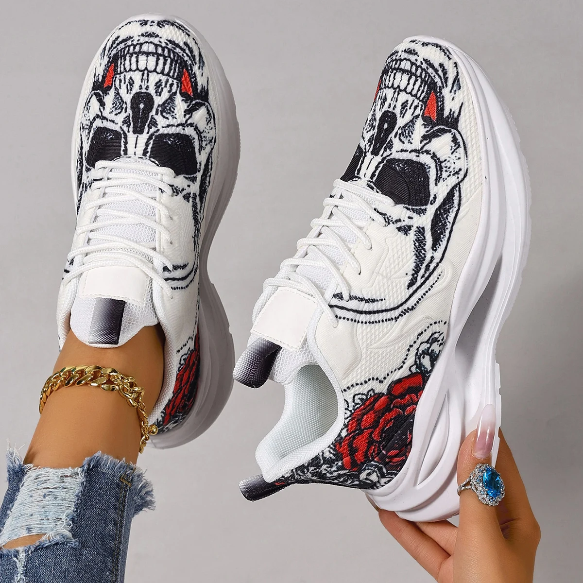 Women Mesh Breathable Casual Sneakers Lace-up Vulcanized Shoes Ladies Platform Sneakers Female Shoes Halloween Zapatos De Mujer