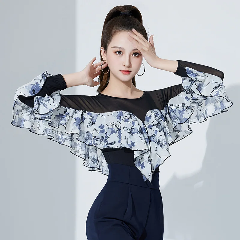 New Sexy Latin Dance Tops Women's Waltz Practice Clothes Ruffles National Standard Ballroom  Advanced Modern Bodysuit Costumes