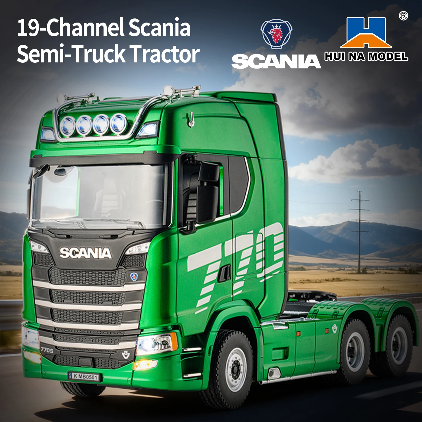 Huina 19 channel 1501pro green Scania 770s RC truck high-strength trailer model tractor toy children's and adult high-end gifts