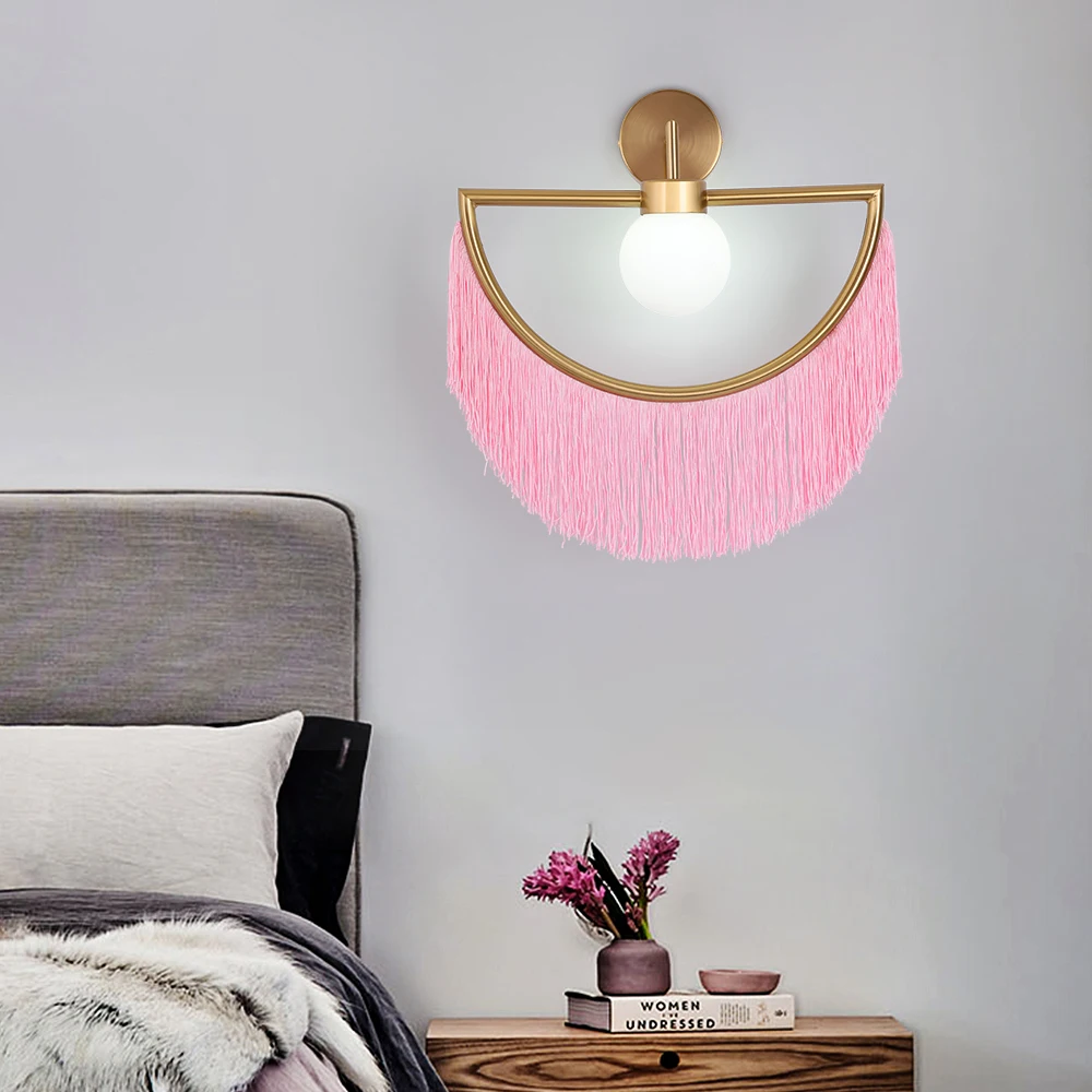 Nordic Designer Tassel Glass Ball Wall Lights Fix Pink Lamp Ins Hot Girl Wall Sconces For Living Room Bedroom Hotel Led Fixtures