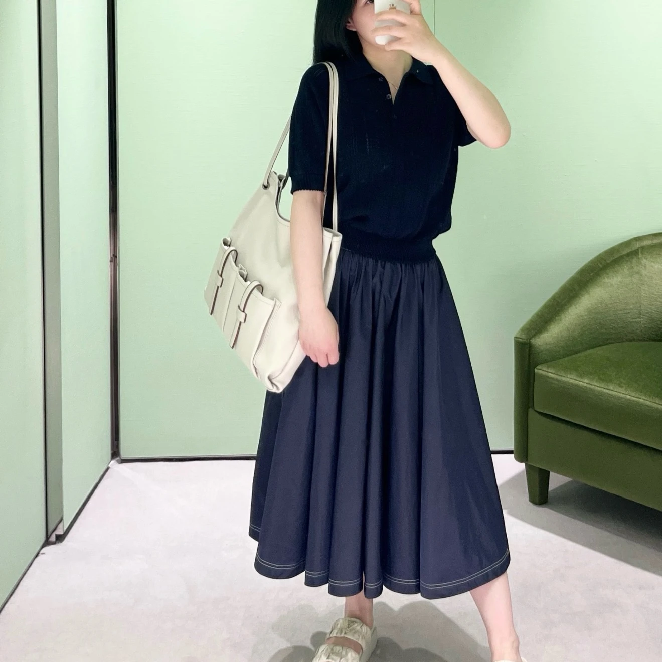 Summer New Navy Blue Nylon Drawstring A-Line Midi Skirt Women's Color Block Half-length Skirts High Waist Polyester Fiber