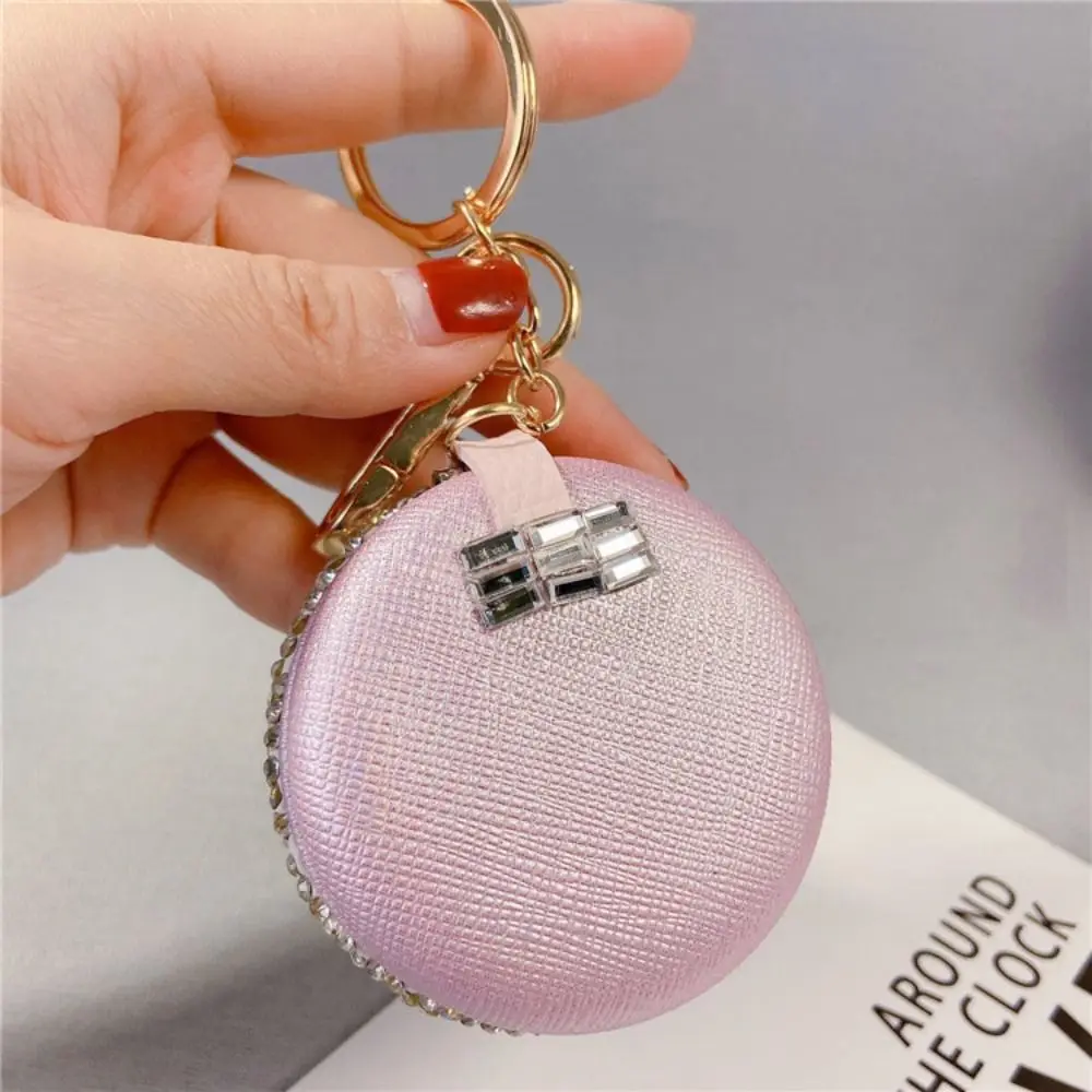 Portable Full Rhinestone Camellia Makeup Mirror Round Folding Car Keychain Floral Elegant Bag Pendant Girl