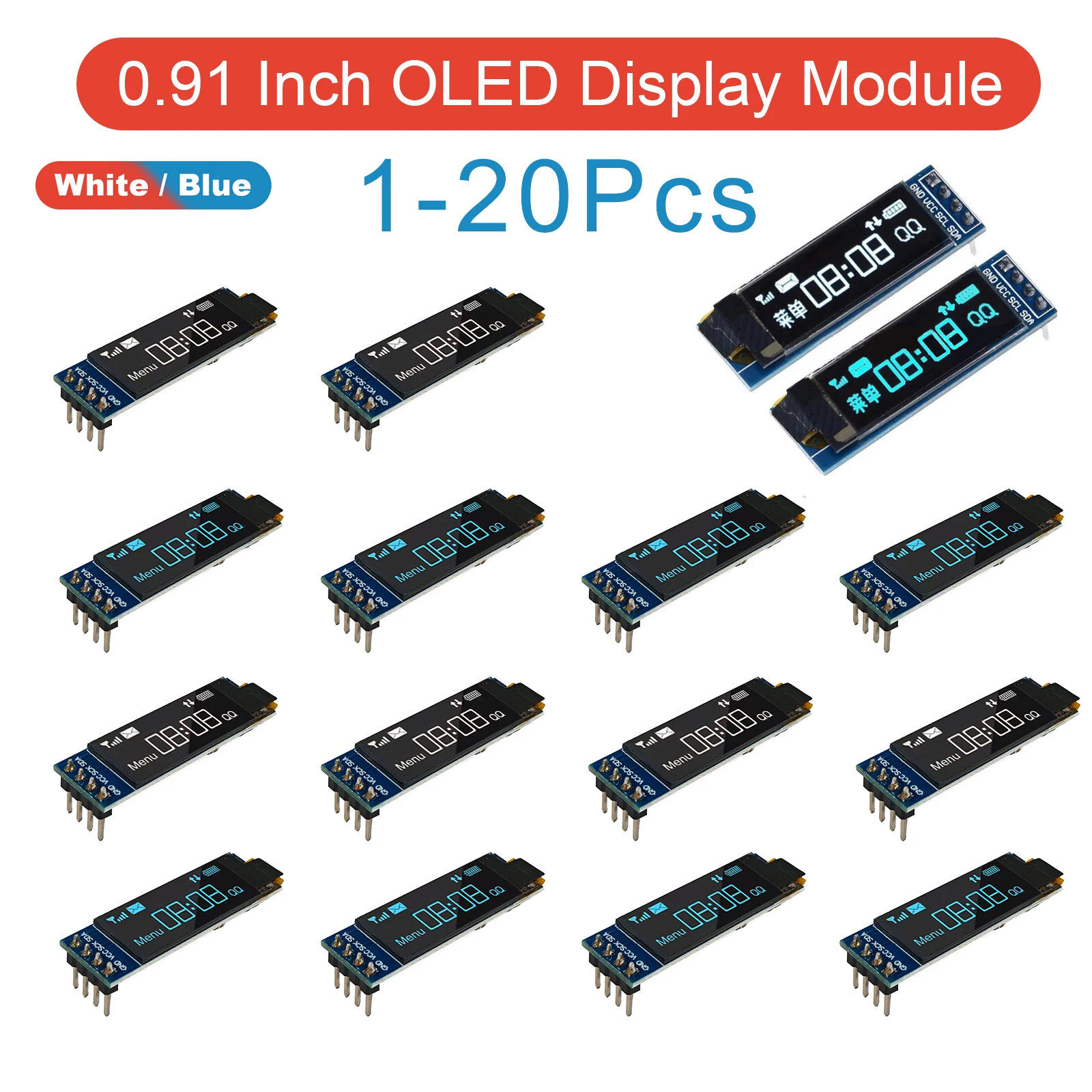 1-20PCS SSD1306 OLED Display Module 0.91 Inch 128x32 I2C IIC 3.3V 5V Blue White Screen for Arduino ESP32 DIY