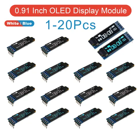 1-20PCS SSD1306 OLED Display Module 0.91 Inch 128x32 I2C IIC 3.3V 5V Blue White Screen for Arduino ESP32 DIY