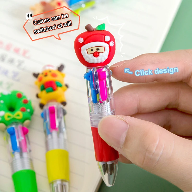 

5Pcs 2025 Christmas Cartoon Elk Santa Claus Mini 4 Color Ballpoint Pen 6 Color Retractable Pen Student Stationery Supplies