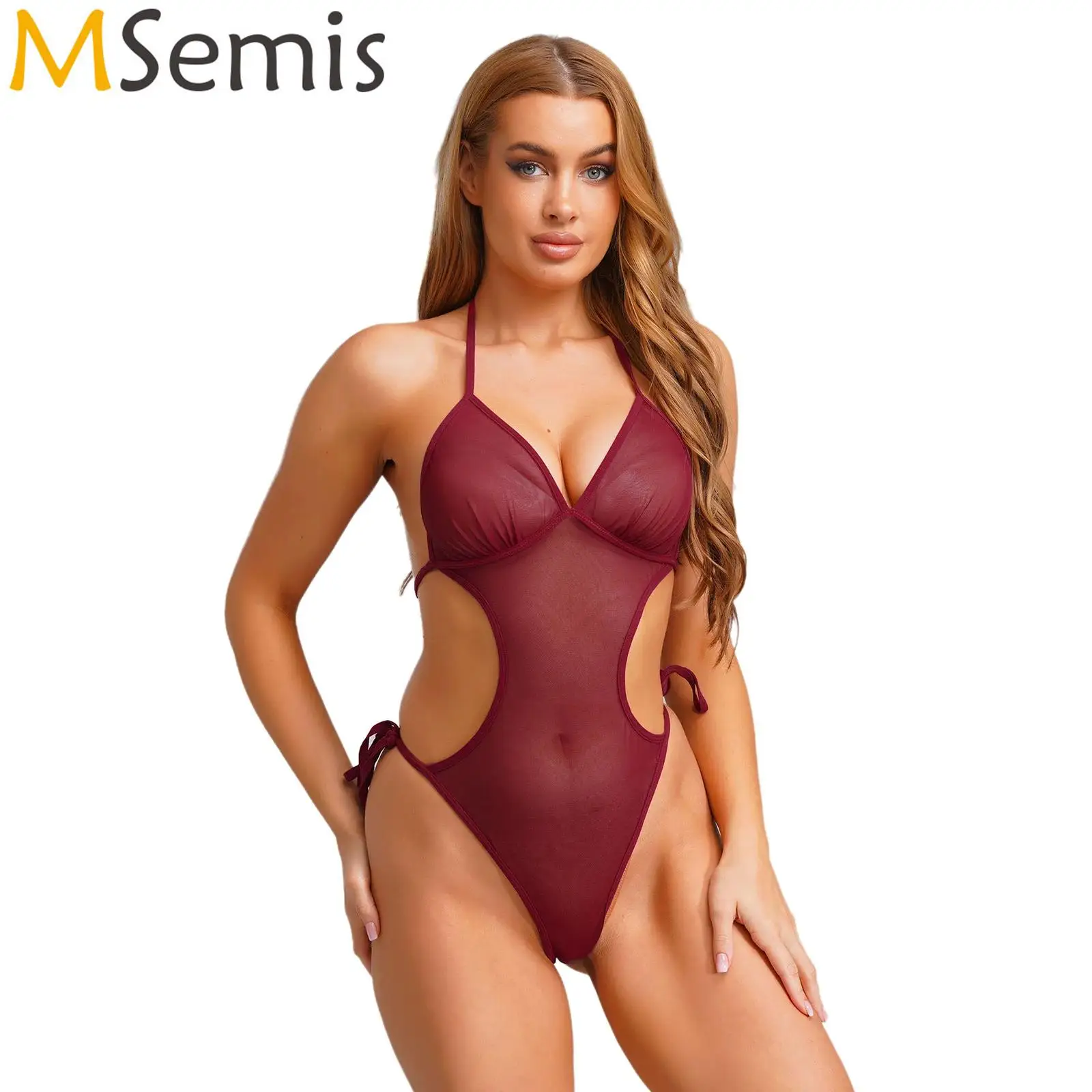 

Womens One Piece Bikini Swimwear See Through Mesh Bodysuit T-back Thong Bodysuit Jumpsuit Lace-up Leotard Swimming Bathing Suit